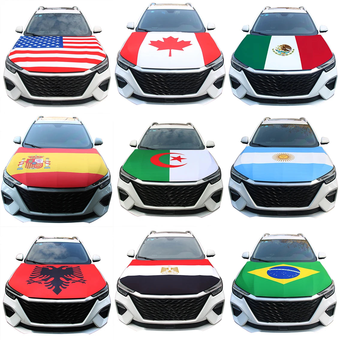 A collection of car hood covers featuring various national flags, including the USA, Canada, Mexico, and others.
