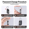 A four-step procedure showing how to change the password on a secure multi-dial combination lock.