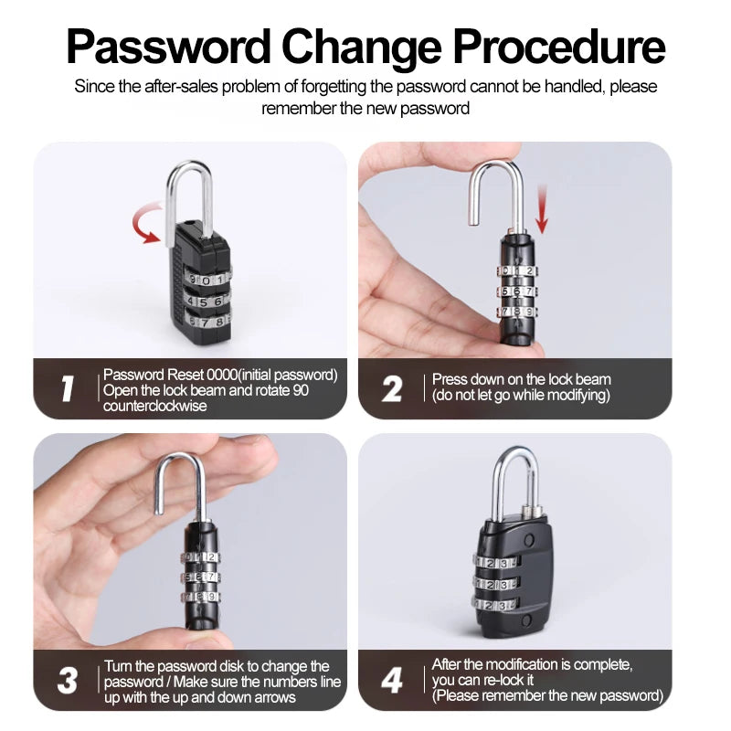 A four-step procedure showing how to change the password on a secure multi-dial combination lock.
