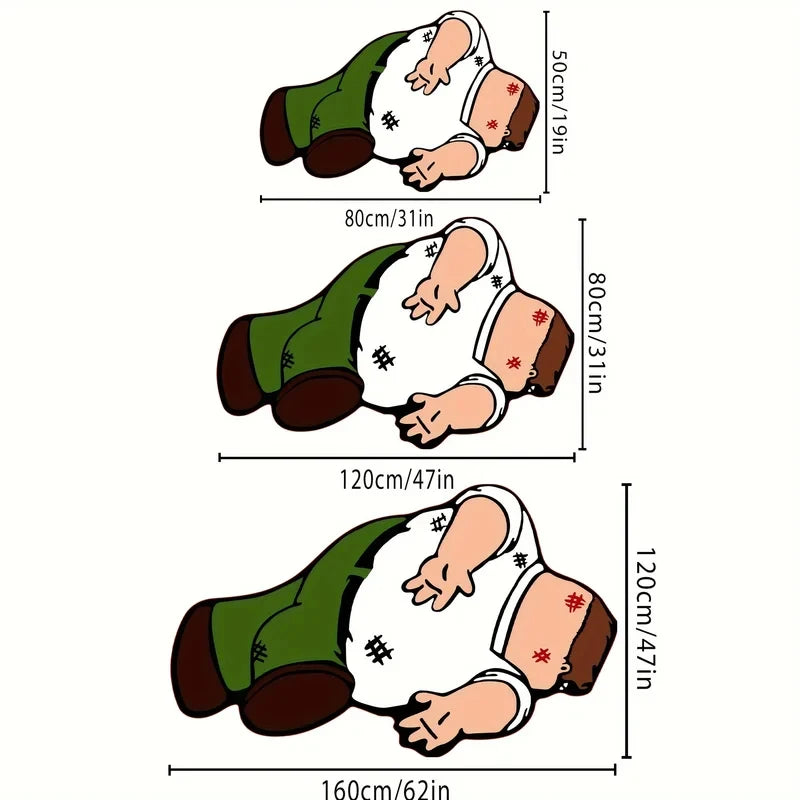 A playful cartoon carpet featuring a child figure in green and white clothing, shown from above.