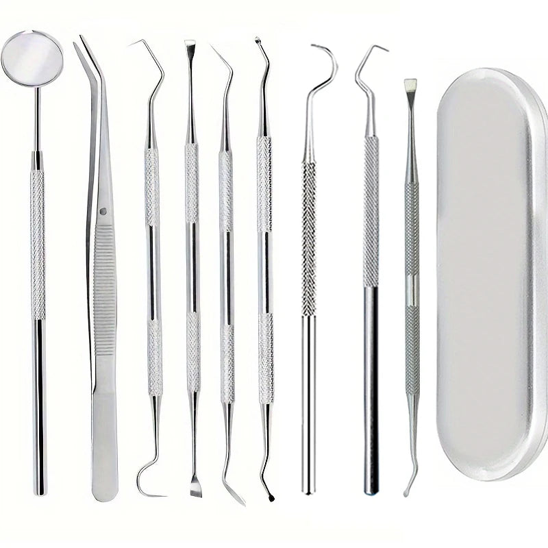 A collection of premium stainless steel dental care tools for oral hygiene, including various probes and instruments.