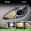 Before and after comparison of ceramic headlight restoration spray showing removal of oxidation, scratches, yellowing, and bl