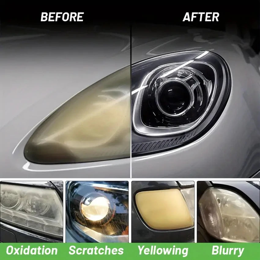 Before and after comparison of ceramic headlight restoration spray showing removal of oxidation, scratches, yellowing, and bl