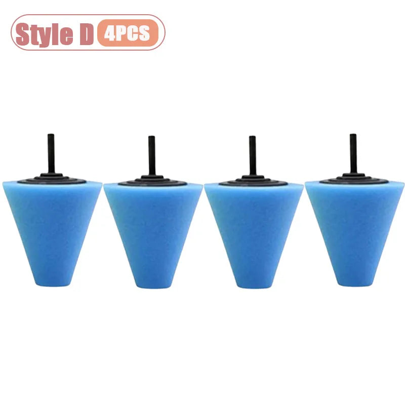 Four blue drill polishing sponge cone kits for wheels and automotive detailing