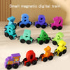A set of small magnetic wooden trains shaped like numbers 1 through 8 in various colors