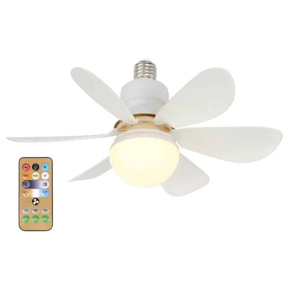 Ventilador de techo moderno con luz LED integrada y control remoto portátil.