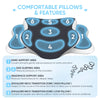 An illustration of an ergonomic memory foam pillow showing numbered support areas for wrists, shoulders, and the head.