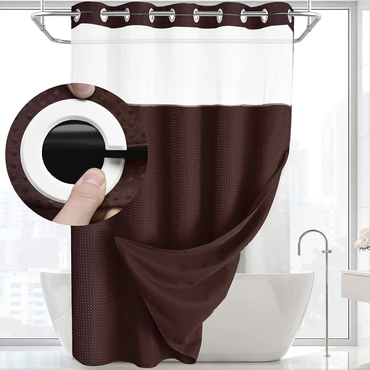 A dark brown dotted waffle weave shower curtain hanging on a rod above a white bathtub.