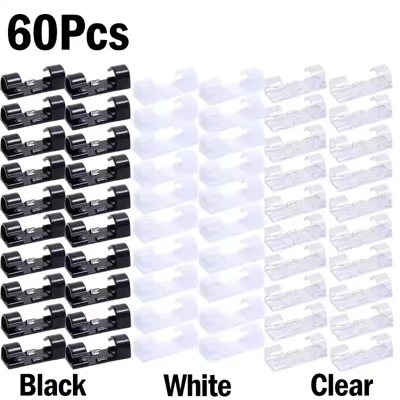 60 pieces of self-adhesive cable clips in black, white, and clear for wire management