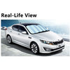A white Kia sedan with black roof showing real-life view of foldable car windshield sun visors.