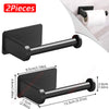 A black adhesive stainless steel toilet paper rack shown in two pieces, featuring a horizontal bar and mounting bracket.
