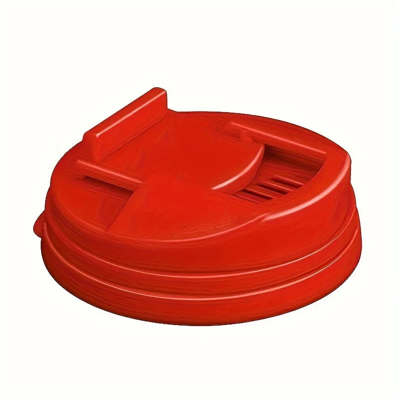 A bright red reusable beverage can lid with a textured surface and a slotted design.