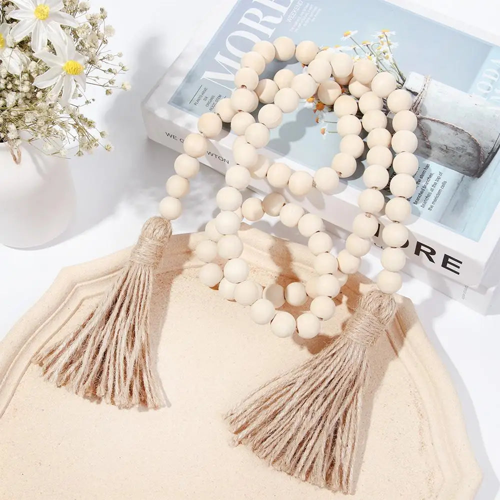 Handcrafted Natural Wood Bead Garland with Tassels for Boho & Farmhouse Decor
