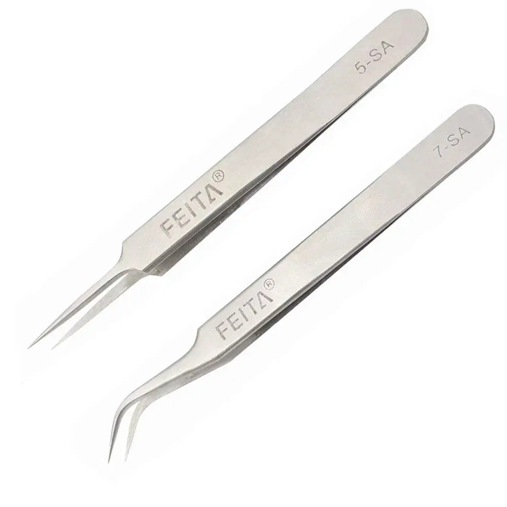 A pair of stainless steel tweezers labeled 5-SA and 7-SA are shown against a white background.