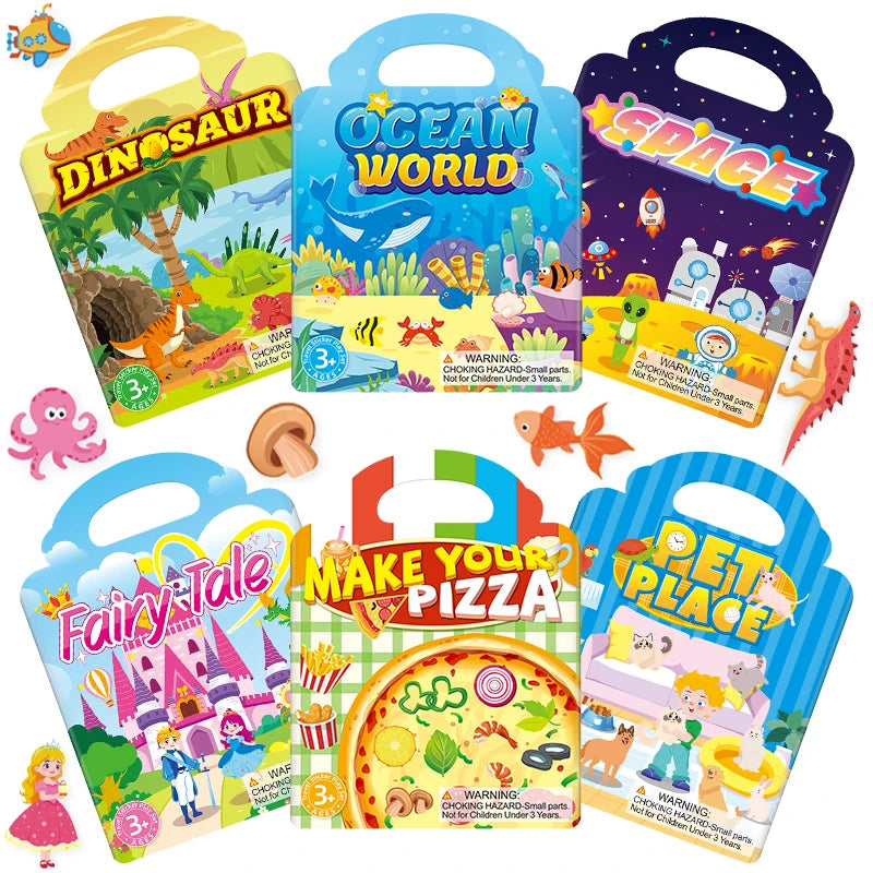 A collection of reusable jelly sticker books featuring dinosaur, ocean, fairy tale, and pet place themes for children.