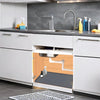 A flexible silicone under-sink mat with a raised edge is shown in a modern kitchen setup.