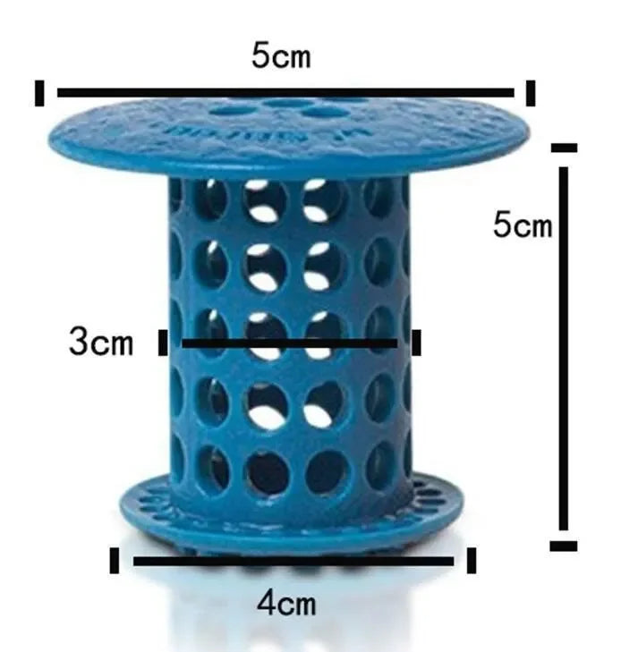 A blue flexible hair catcher drain cover with a slotted cylindrical design and a flat top and bottom.