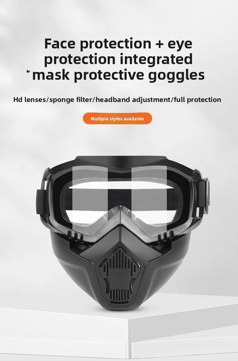 A black protective mask featuring a patterned lens and integrated eye protection for face and eye safety.