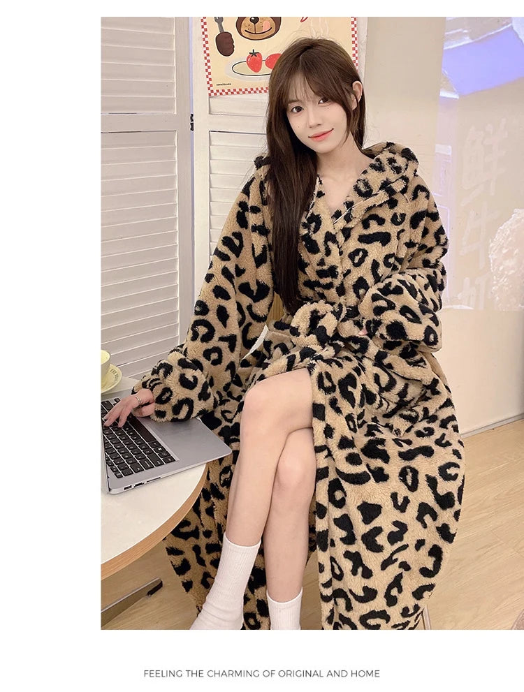 Women's Leopard Print Hooded Flannel Bathrobe