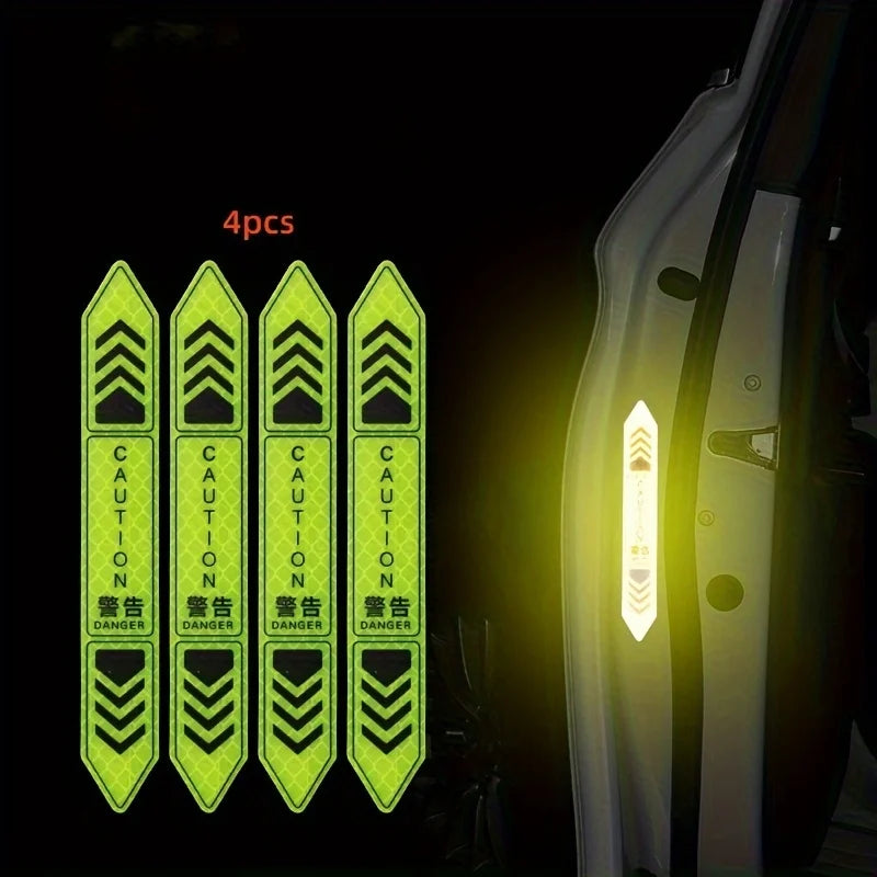 Four yellow reflective warning stickers for car doors, showing caution and danger symbols.