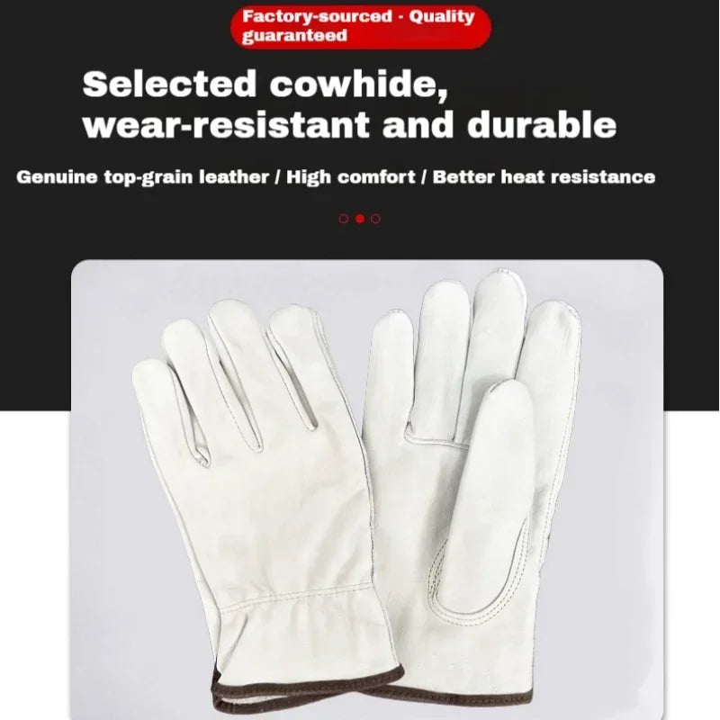 A pair of white, durable cowhide leather work gloves shown flat against a white background.
