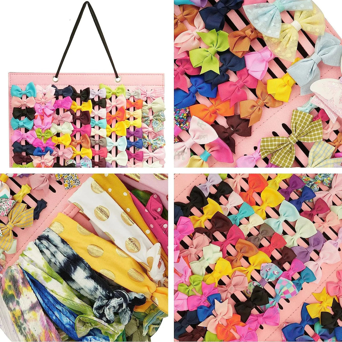 A large capacity hair bow and clip organizer with a rope hanger featuring colorful fabric bows.