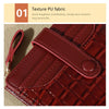 A close-up of a maroon PU fabric wallet showing its textured surface and stitching.