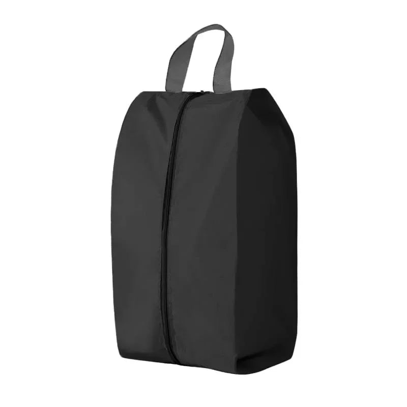 A black foldable nylon shoe storage bag with a drawstring closure.