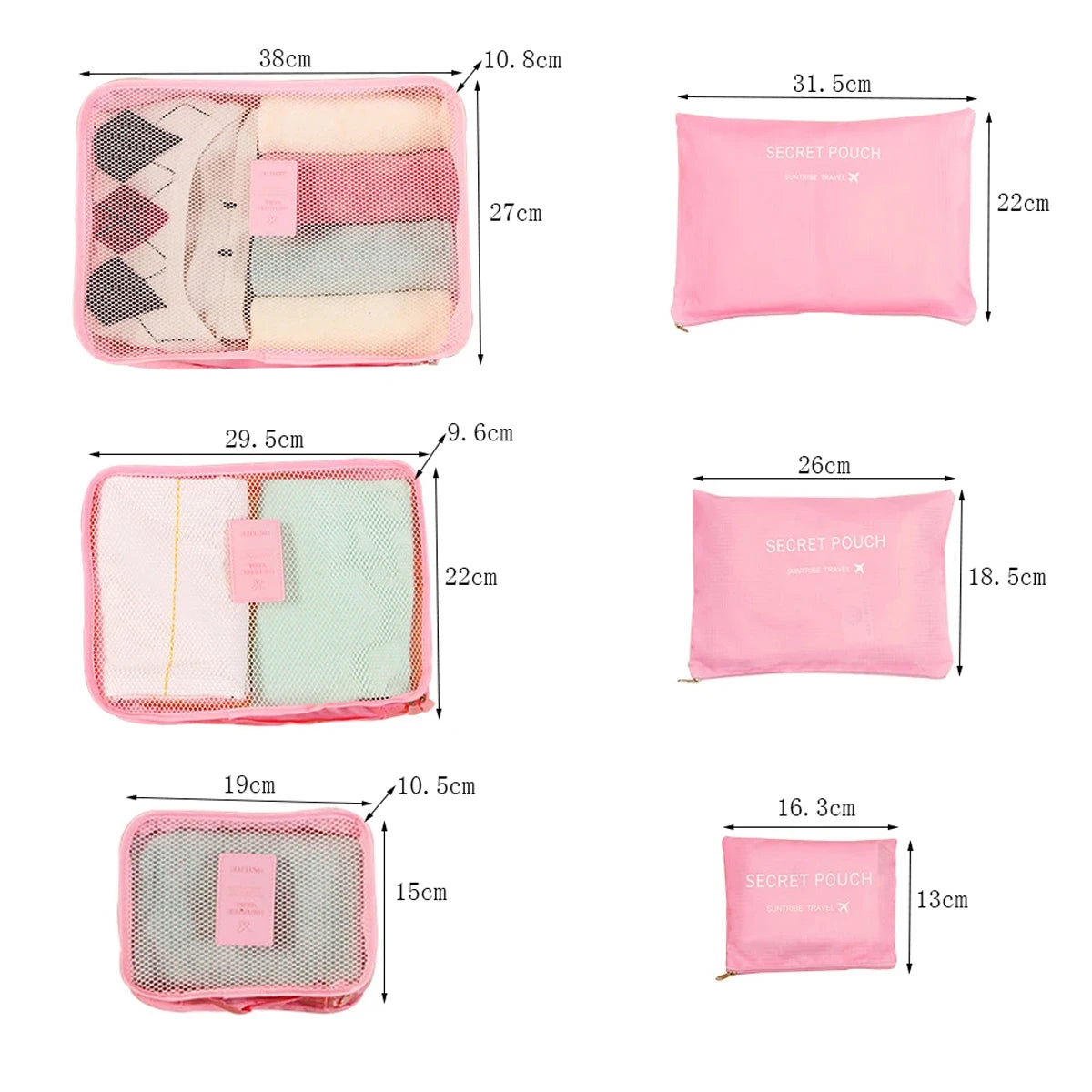 A set of six pink and pastel colored packing cubes, including a zippered pouch and various sized storage bags.