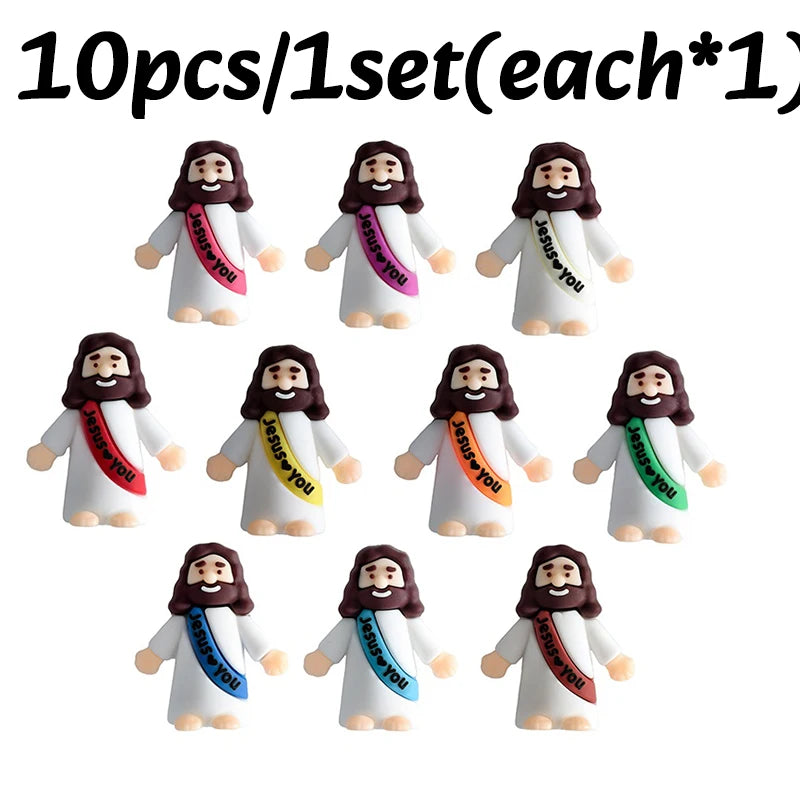 A set of ten mini Jesus figurines with beards and white robes for Easter or religious celebrations.