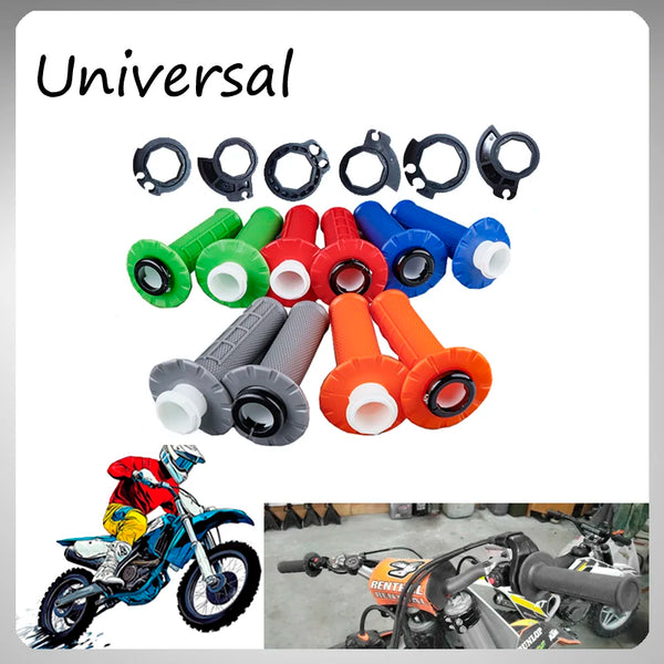 A collection of universal lock-on handlebar grips in various colors and sizes for dirt bikes and motorcycles.
