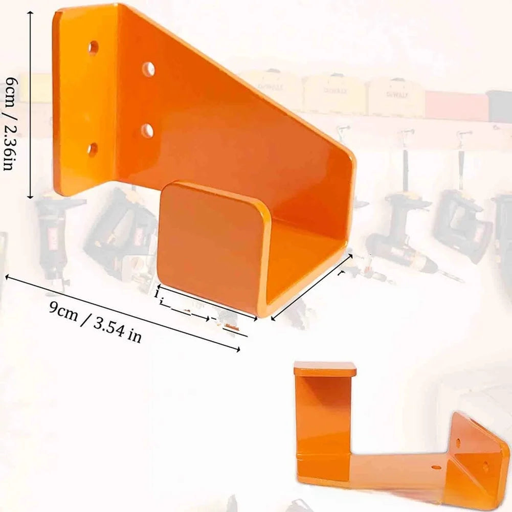 Orange heavy-duty wall mounted chainsaw hanger with measurements shown.