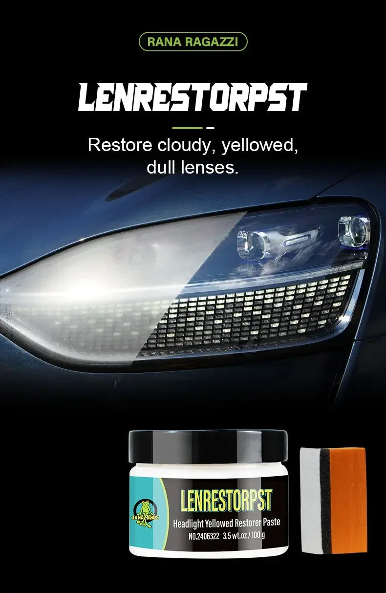 Jar of LENRESTORPST headlight yellowed restorer paste next to a lens detail.