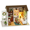 A miniature dollhouse kit featuring a wooden 3D puzzle craft with LED lights, depicting a cozy interior scene.
