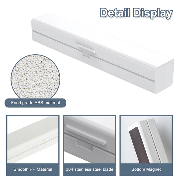 Detail display of a white magnetic kitchen wrap dispenser featuring food grade ABS material, smooth PP material, and a 304 st