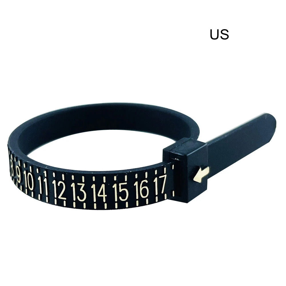 A black adjustable ring and bracelet sizer tool with numbered markings on the band.