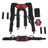 Black and red adjustable tool belt and suspenders with lumbar support shown disassembled.