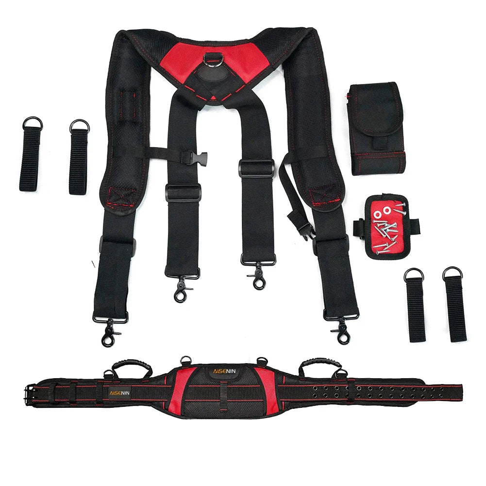 Black and red adjustable tool belt and suspenders with lumbar support shown disassembled.