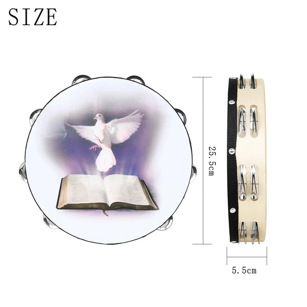A wooden hand tambourine with steel jingles shown next to its size measurement.