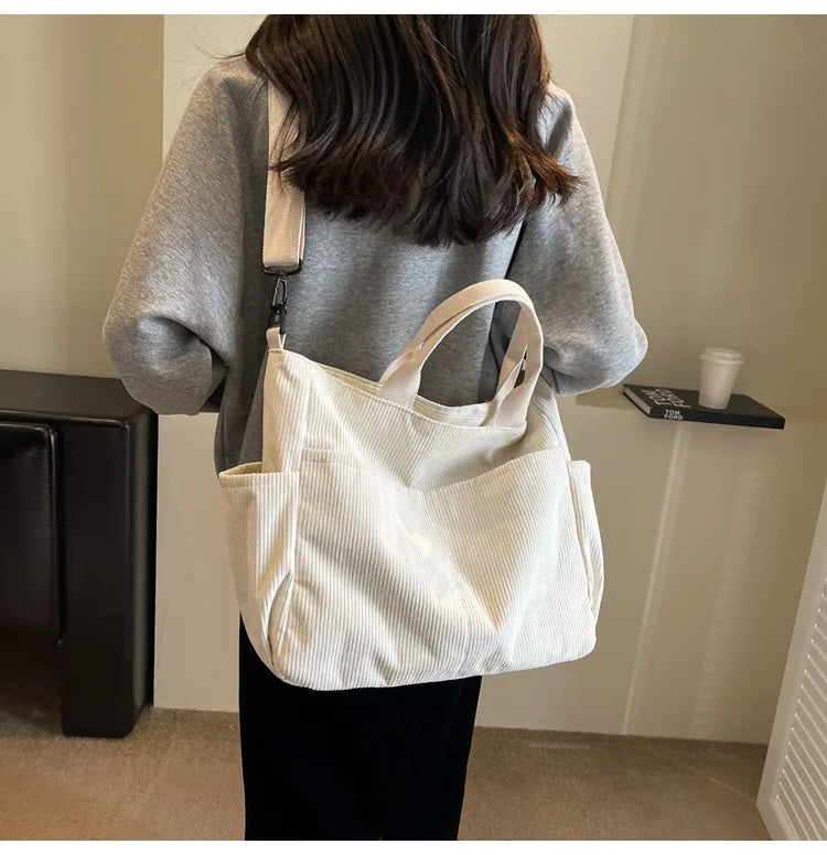 Multi-Pocket Corduroy Tote Bag – Large Capacity Casual Satchel for Travel, Work & Commute
