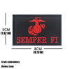 A black embroidered tactical patch featuring a red eagle design and the text SEMPER FI.