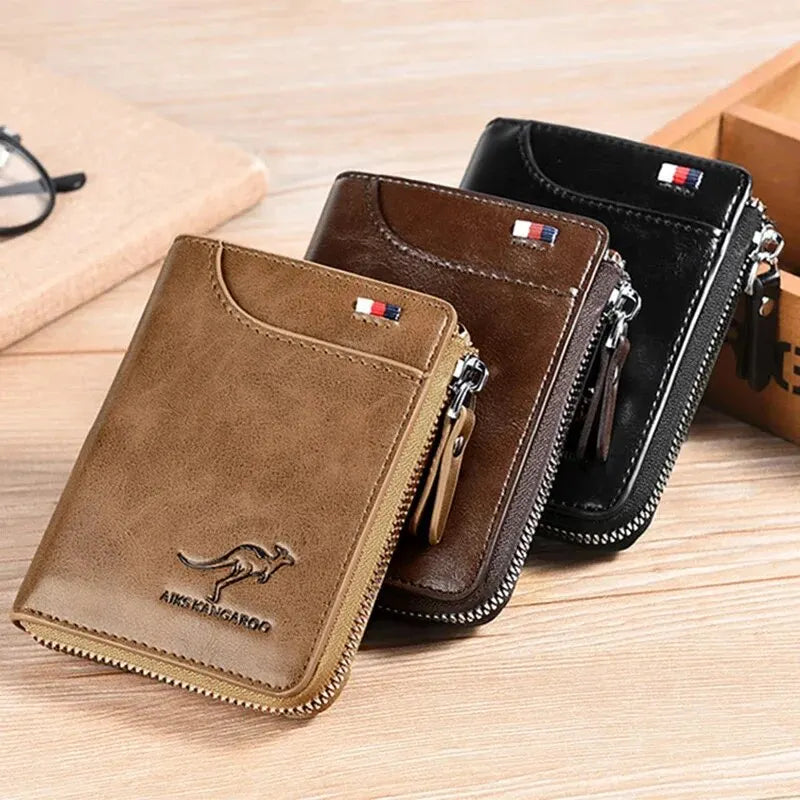 A brown leather wallet with a zipper and a flag detail is shown on a wooden surface.