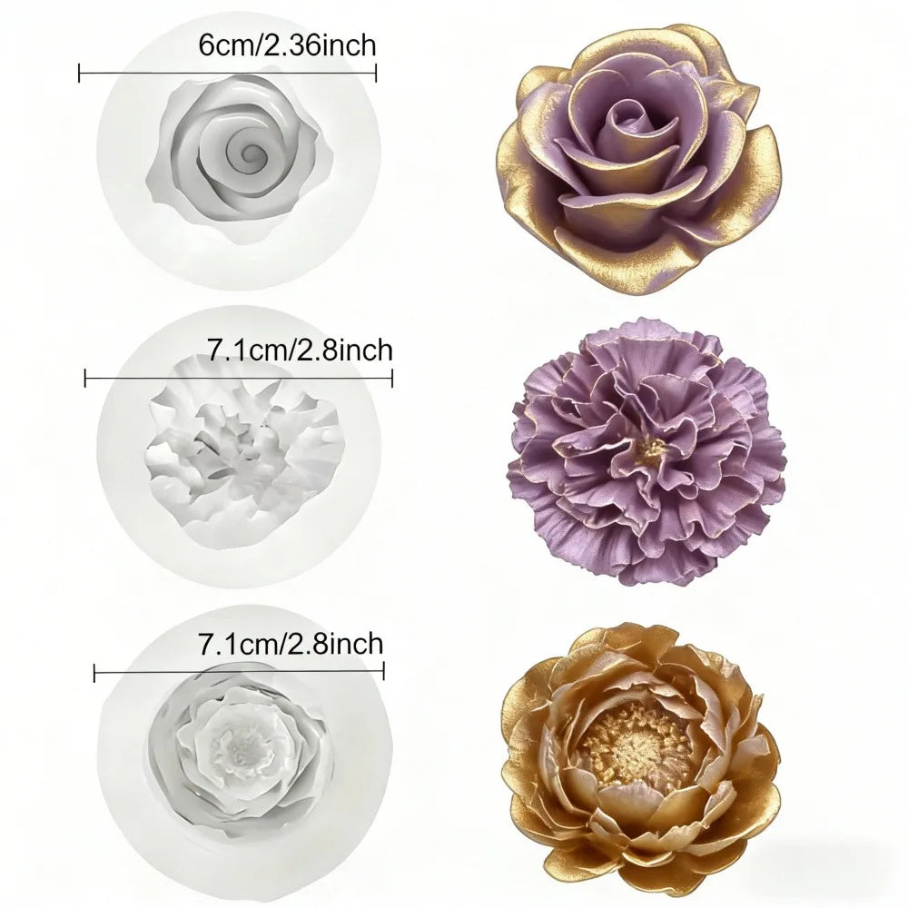 A set of silicone molds shaped like roses in various shades of purple and gold for resin and craft projects.