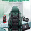A dark green leather car seat cushion designed for comfort and aesthetic quality.