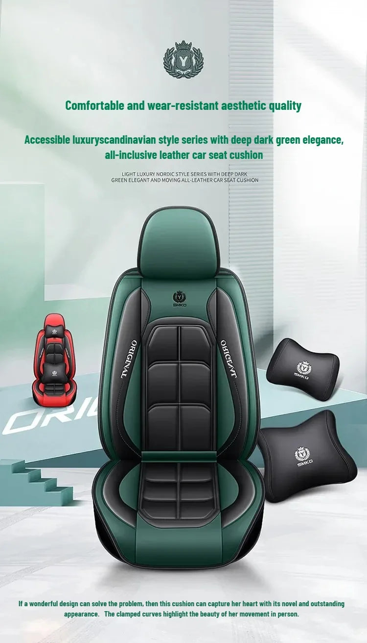 A dark green leather car seat cushion designed for comfort and aesthetic quality.
