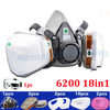 A half face respirator mask with anti-fog safety goggles and various replacement parts shown.