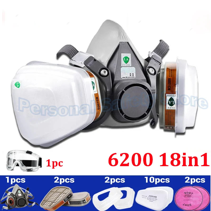 A half face respirator mask with anti-fog safety goggles and various replacement parts shown.