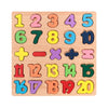 A wooden puzzle featuring colorful alphabet and number shapes cut from wood for toddlers.