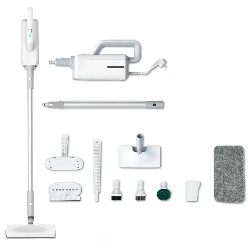 A set of multifunctional steam cleaner and mop components including a handle, wand, and various cleaning attachments.