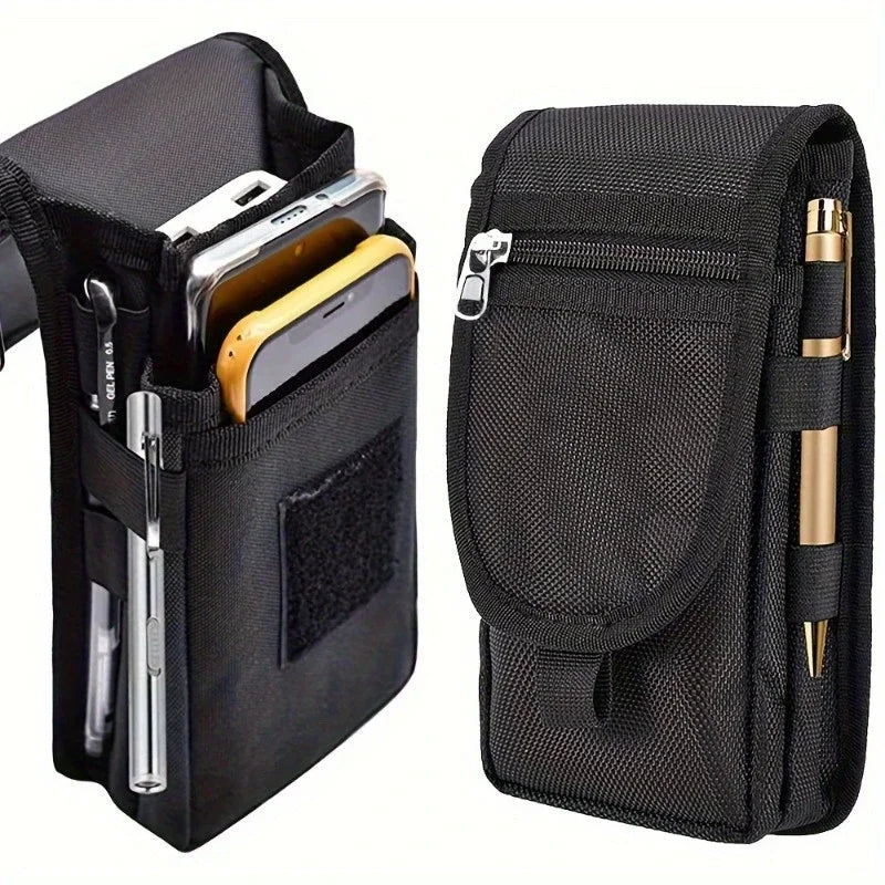 Pochette de téléphone multifonctionnelle noire avec plusieurs compartiments et une poche filet de protection